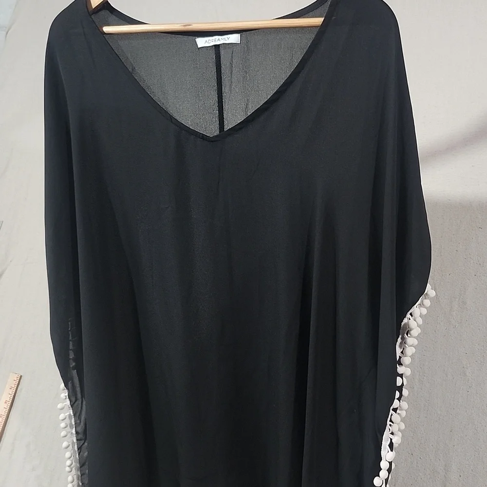 Adreamily Black Semi Sheer Poncho / Bathing‎ Suit Cover W/ White Pom Pom Trim OS